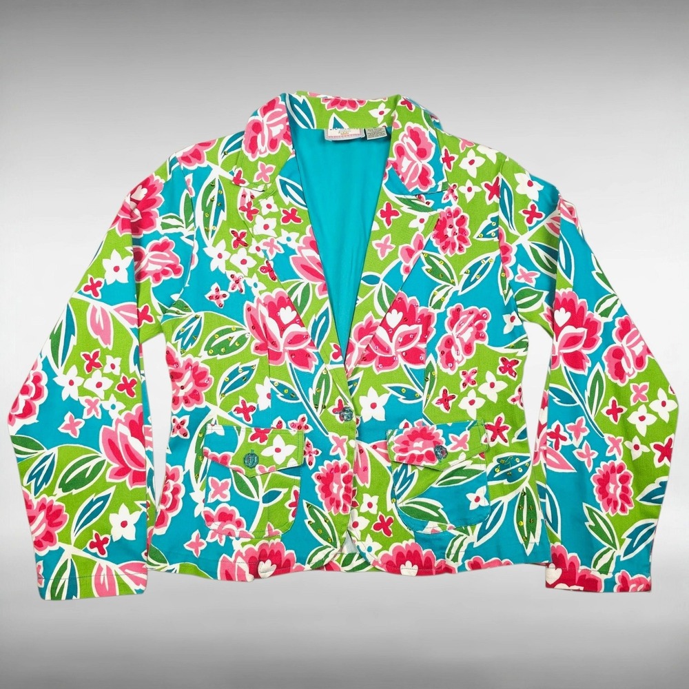 Vintage Y2K Floral Sequin Beaded Garden Party Statement Blazer Jacket Womens M